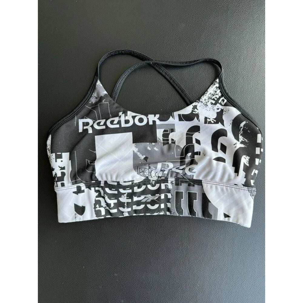 Reebok Logo Black White Size XS Sports Bra Criss Cross Straps
